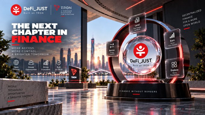 A promotional graphic for 'DeFi JUST Built on TRON' declares 'THE NEXT CHAPTER IN FINANCE' against a futuristic cityscape with the TRON logo.
