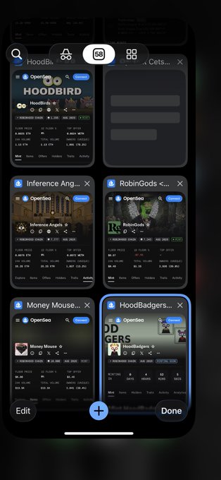 A mobile phone screen capture showing an app with a grid layout of meme coin profiles including 'HOODBIRD', 'Inference Angels', 'RobinGods', 'Money Mouse', and 'HoodBadgers'.