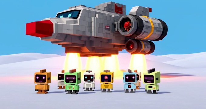A 3D blocky-style animation depicts a large gray spaceship hovering and firing thrusters over a line of small, colorful cube-shaped robots on a snowy surface.
