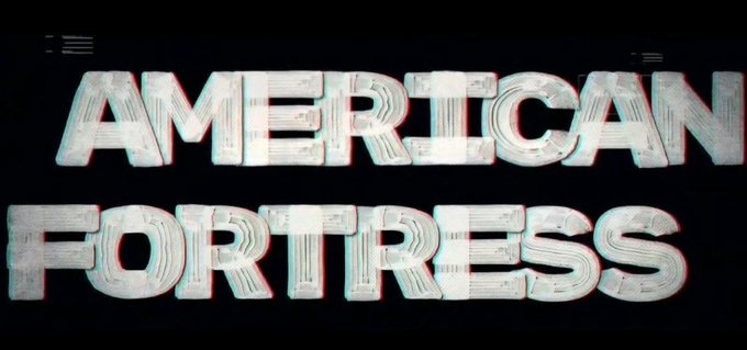 A title card with stylized text reading 'AMERICAN FORTRESS' in white letters with red chromatic effect against a black background.