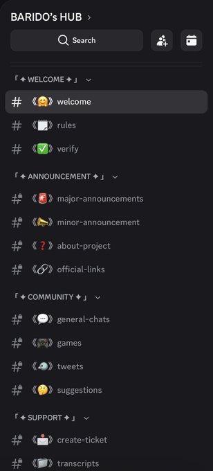 A screenshot of a Discord server called "BARIDO's HUB" showing categorized channels including #welcome, #rules, #verify, #major-announcements, #minor-announcement, #about-project, #official-links, #general-chats, #games, #tweets, #suggestions, #create-ticket, and #transcripts. The image showcases the creator's newly organized Discord community structure, highlighting the categories (WELCOME, ANNOUNCEMENT, COMMUNITY, SUPPORT) that reflect the effort put into setting up the server.