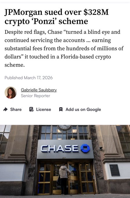 A news article headline reads "JPMorgan sued over $328M crypto 'Ponzi' scheme," alleging that Chase "turned a blind eye" and continued servicing accounts tied to a Florida-based crypto fraud, earning substantial fees. Below the headline is a photo showing the exterior of a Chase bank branch with its iconic blue logo above the entrance, where a person in a light-colored jacket is entering the building. The caption ties the lawsuit's accusations directly to JPMorgan's alleged complicity through its banking services.