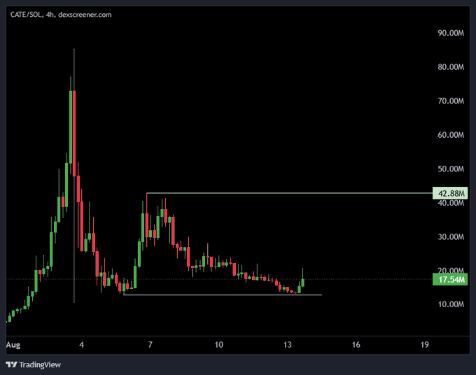 A 4-hour candlestick chart of CATE/SOL shows a dramatic spike to ~80M followed by a sharp crash and consolidation near 17.5M, with the current price at 17.54M marked above recent support—aligning with the post's claim of a "pico bottom" and suggesting a potential reversal reminiscent of 2021-style runs.
