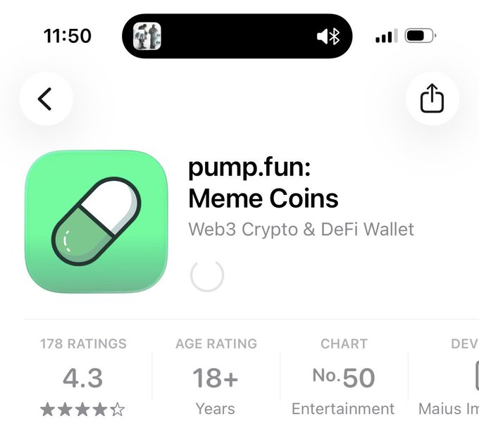 An App Store listing page for 'pump.fun: Meme Coins', a Web3 Crypto & DeFi Wallet app, showing a 4.3 star rating from 178 ratings, an 18+ age rating, and a chart position of No. 50 in Entertainment.