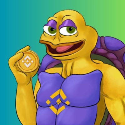 A muscular anthropomorphic turtle character with purple markings holds up a Binance (BNB) coin, featuring Binance's logo on its chest and the coin it holds. The image visually represents the "$BOB" meme cryptocurrency being shown from a confident, meme-worthy angle as suggested by the post.