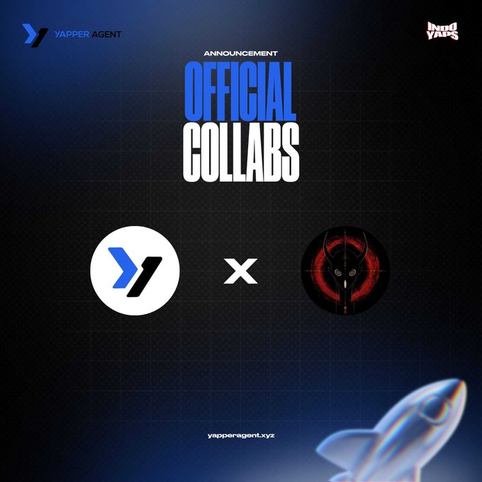 The image features a promotional poster for an event called "Official Collabs" that was held at a gaming convention. The poster includes two logos, one of which is a rocket ship logo, and the other is a red skull logo. The text on the poster announces the event as an official collaboration between "Yapper Agent x Astryx Giveaway" and mentions that there are five GTD rules to follow for those who want to participate in this gaming event.