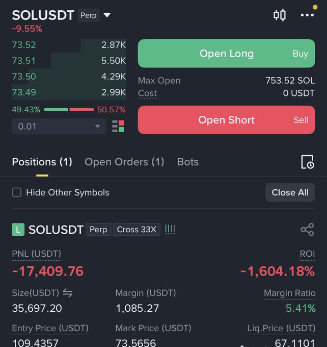 The image shows an iPhone screen displaying a trading app called SolustrDST, which allows users to trade cryptocurrencies such as Bitcoin and Ether. The app features various options, including positions (OPEN / CLOSE), trades, and spreads for orders. There is also information about margin ratios and other statistics related to the crypto market. On the right side of the screen, there is a breakdown of the spread in USDT currency. This display showcases how technology has made it easier for people to access and navigate financial markets like Bitcoin and Ethereum, as well as share their experiences with others through social media platforms. The image also contains the text "LOL", which could be an unrelated comment or part of the app's user interface design.