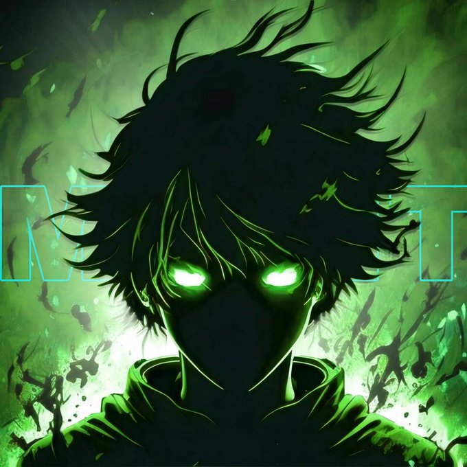An anime-style illustration of a shadowy figure with spiky hair and glowing green eyes surrounded by green flames.