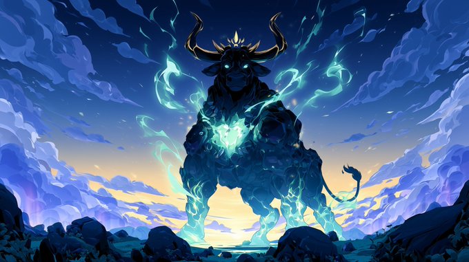 A fantasy digital illustration of a large, powerful bull-like creature with glowing blue eyes and antlers, surrounded by swirling blue magical energy against a cloudy sky.