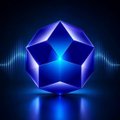 A digital rendering of a blue glowing 20-sided die (d20) on a dark background with light wave effects.