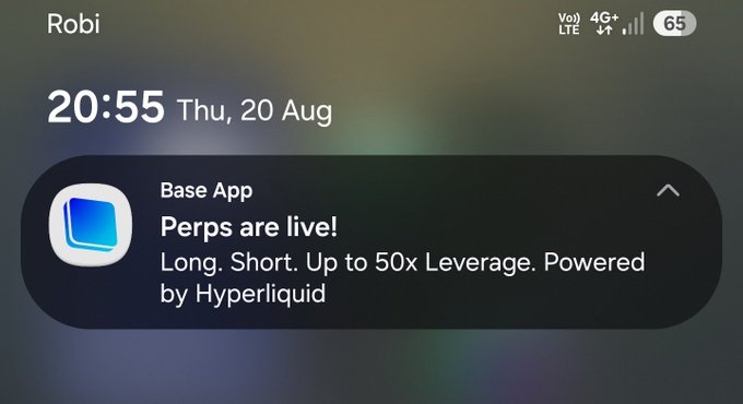 A smartphone lock screen showing the time '20:55', date 'Thu, 20 Aug', and a notification from the 'Base App' stating 'Perps are live! Long. Short. Up to 50x Leverage. Powered by Hyperliquid'.