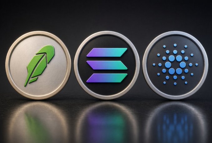 Three circular cryptocurrency coins displayed in a row: a green feather-like logo on the left, the purple and teal Solana (SOL) logo in the center, and the blue Cardano (ADA) logo on the right.