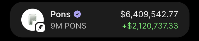 A dashboard widget for Pons ($PONS) shows a balance of 9M tokens valued at $6,409,542.77 with an unrealized gain of +$2,120,737.33, illustrating the substantial profits the user is considering taking. The significant green gain aligns with the post's theme of recognizing when it's time to lock in profits despite continued bullish conviction.