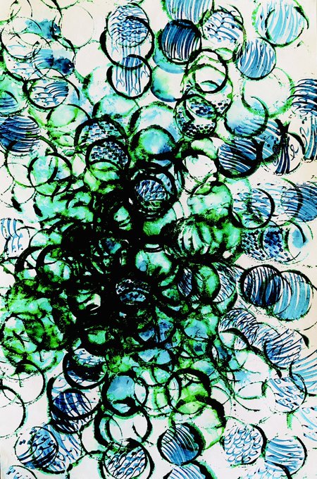 An abstract painting composed of overlapping circular and spherical shapes in shades of green, blue, and white, with ink-like textures and swirling patterns.