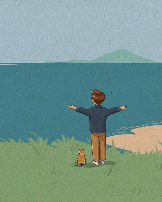 A cartoon illustration of a boy with outstretched arms and an orange cat standing on a grassy cliff overlooking the sea with mountains in the distance.