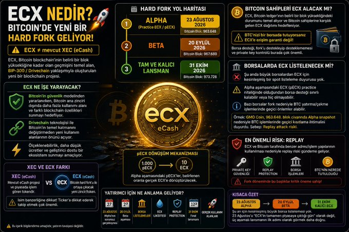 A Turkish-language infographic detailing the "ECX" hard fork project, highlighting its roadmap (Alpha on August 23, 2026; Beta on September 20, 2026; full launch on October 31, 2026), a 1,000:10 XEC to ECX conversion mechanic, and features like Drivechain technology and replay risk protection. The graphic visually supports the post's announcement of the upcoming Bitcoin-based hard fork by outlining its phases, mechanics, and key differentiators.