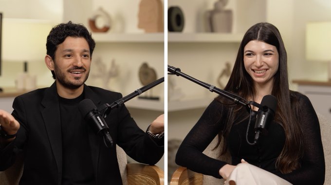 A split-screen image shows a man and a woman separately recording a podcast, each speaking into a Shure microphone in a studio setting.