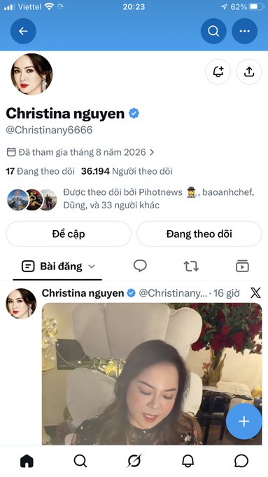 A screenshot of a Twitter/X profile for 'Christina nguyen' (@Christinany6666), showing 36,194 followers and a posted video of a woman sitting on a white couch.