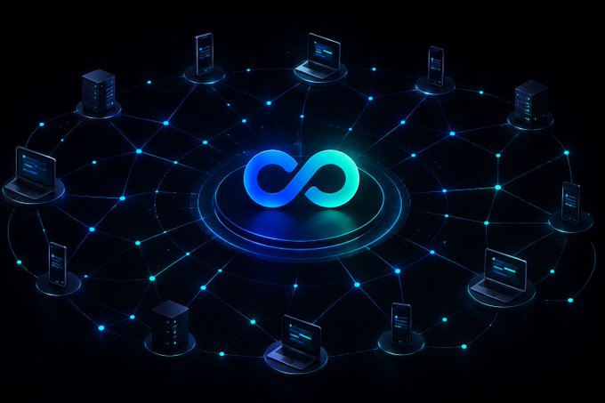 A digital illustration showing a network of computers, smartphones, laptops, and servers connected in a circular web pattern around a central blue infinity/loop symbol on a dark background.