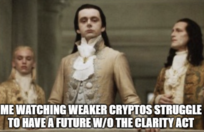 The image shows three pale men in elaborate 18th-century aristocratic attire from the movie "Interview with the Vampire," with bold white text overlaid at the bottom reading: "ME WATCHING WEAKER CRYPTOS STRUGGLE TO HAVE A FUTURE W/O THE CLARITY ACT."