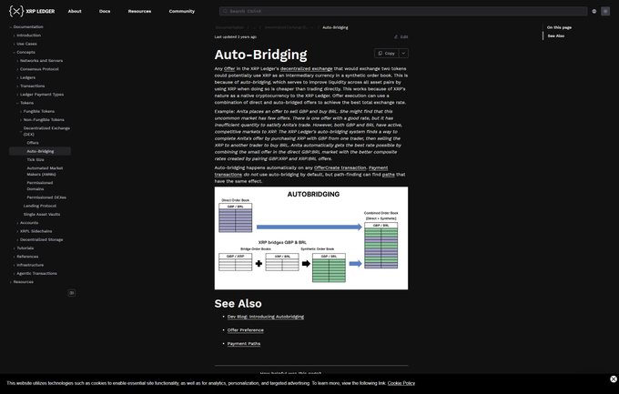 A screenshot of an XRP Ledger documentation page explaining 'Auto-Bridging,' featuring diagrams of transaction flow.