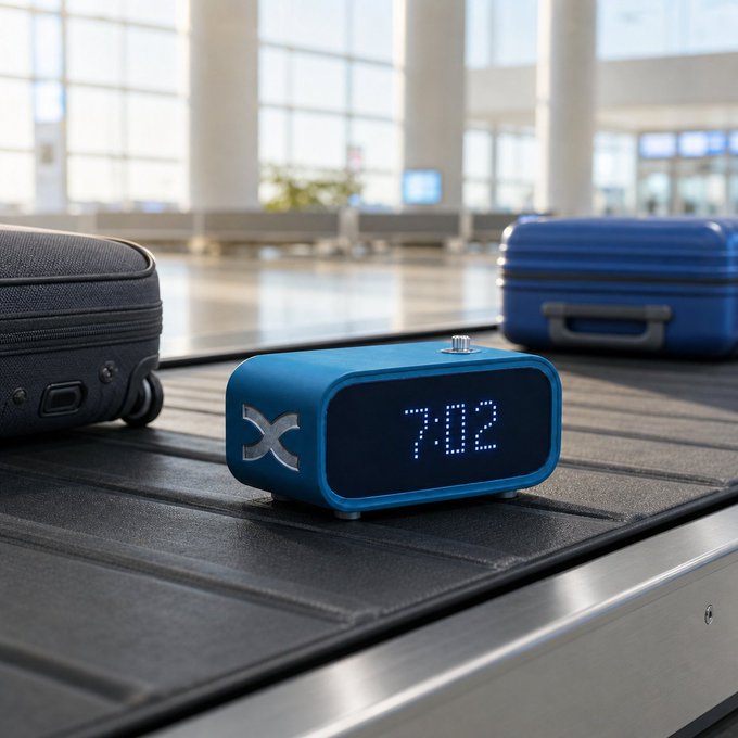 A sleek blue alarm clock displays "7:02" on a baggage carousel, flanked by two suitcases in an airport terminal. The image complements the post's message by suggesting an early morning flight—catching traders before the markets fully open, or perhaps the moment after they've already missed the opening bell.