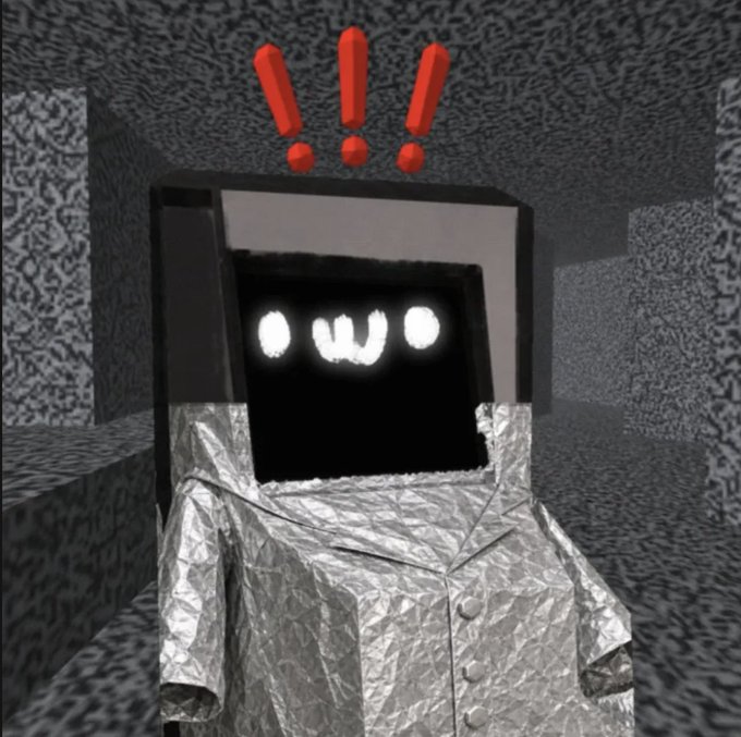 A Minecraft-style character with a TV-like head displaying a smiling face, wearing a silver foil suit with three red exclamation marks above its head.