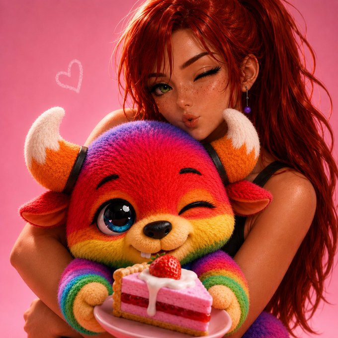 A digital illustration of a red-haired girl with freckles hugging a colorful rainbow plush toy while holding a slice of strawberry cake against a pink background with a small heart.