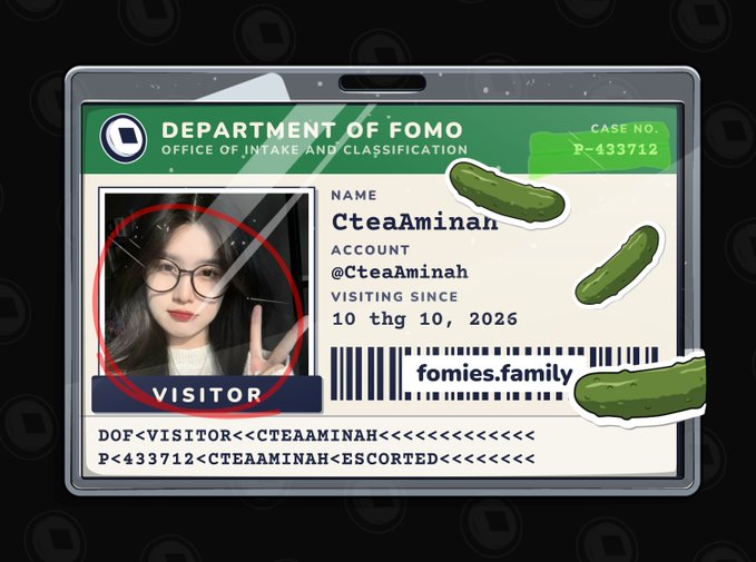 A fake 'Department of FOMO' visitor ID badge designed like a Discord tag, showing a photo of a young woman named 'CteaAminah' (@CteaAminah), with 'fomies.family' branding and pickle illustrations.