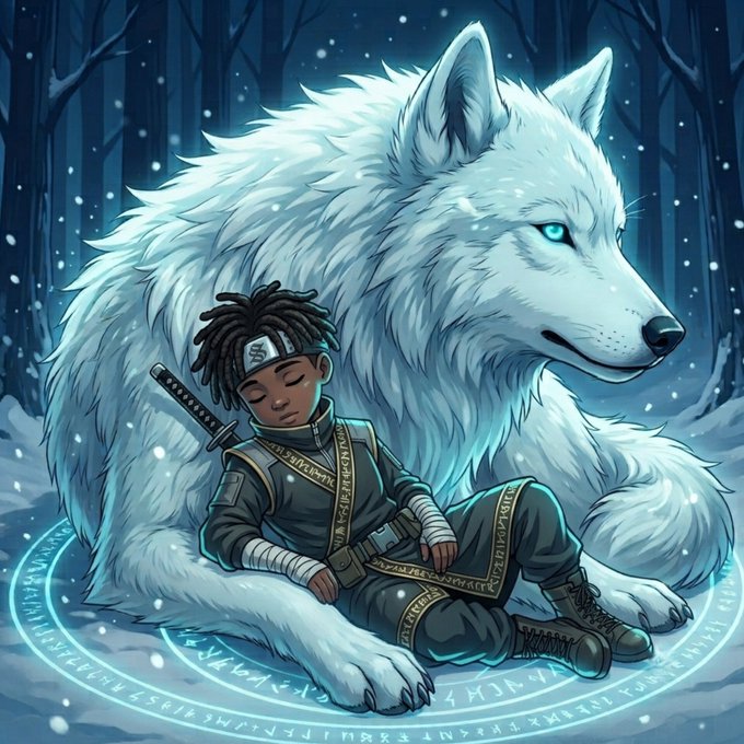 The illustration features a harmonious scene of a boy and a large white wolf in a mystical, snowy forest, sharing a moment of tranquility as they sit closely together. The accompanying text, "GN CT GN Guardians We Good Today Tomorrow, Greatness Awaits Us," suggests a narrative of unity, protection, and a journey towards a significant future, which is echoed by the pair's serene connection in the image, symbolizing companionship and shared destiny amidst the unseen challenges ahead.