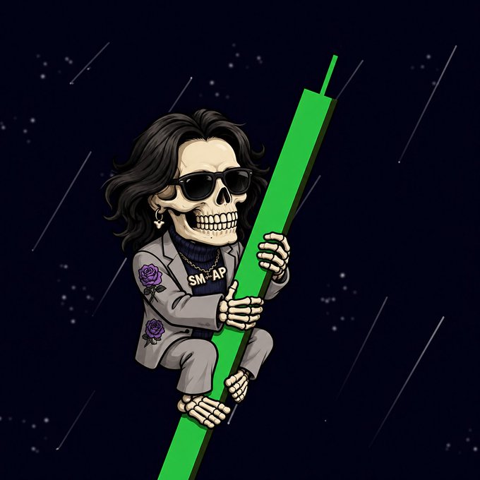 A cartoon skeleton character with long black hair, sunglasses, and a gray suit holds a green vertical bar (resembling a bullish candlestick) against a dark starry background, wearing a 'SMAP' necklace.