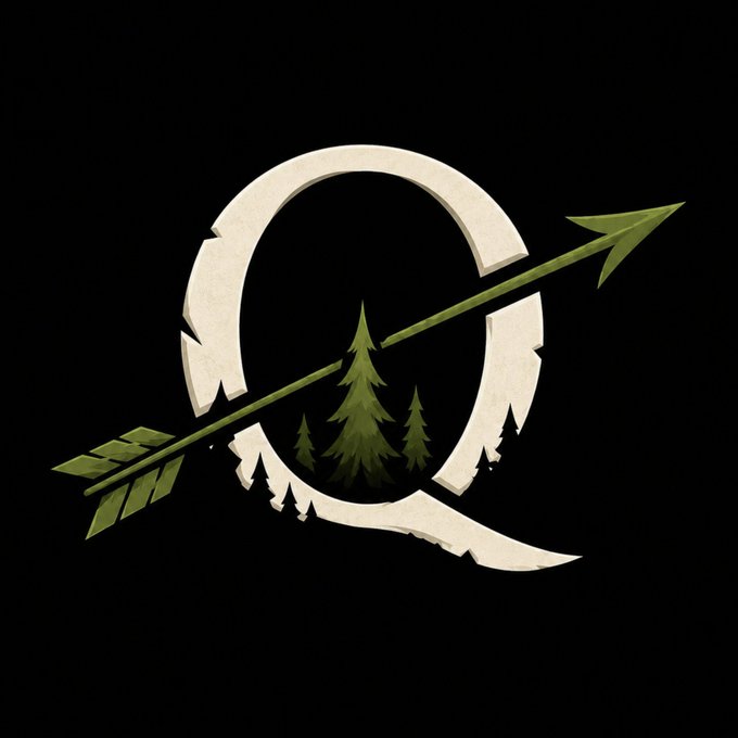 A logo featuring a stylized letter Q with an arrow piercing through it, containing silhouettes of pine trees, set against a black background.