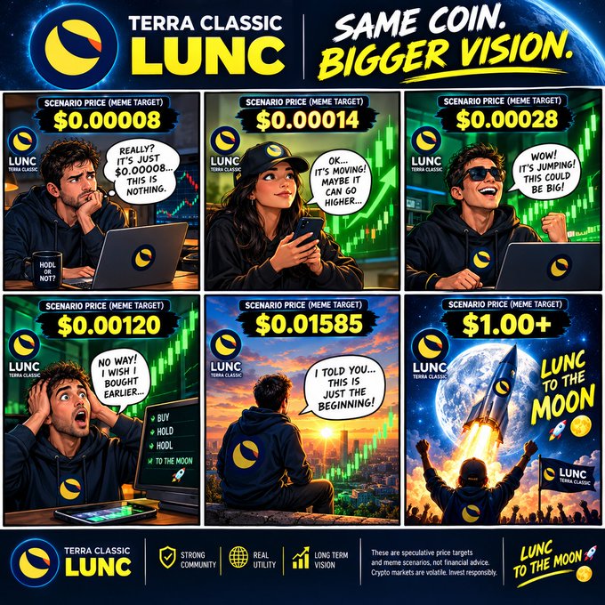 A Terra Classic (LUNC) cryptocurrency promotional meme with six panels showing speculative price targets from $0.000008 to $1.00+, featuring 'LUNC TO THE MOON' branding.