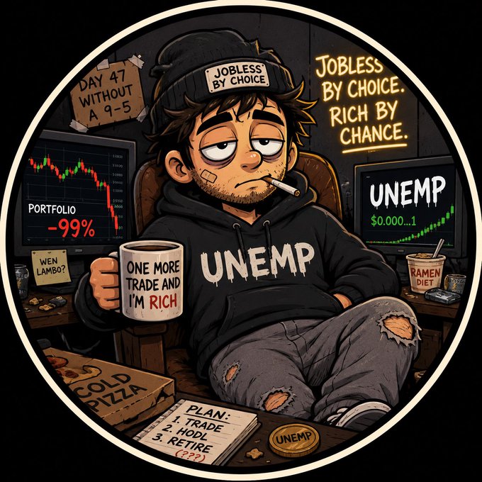 A cartoon illustration of a man in a beanie labeled 'JOBLESS BY CHOICE' holding a mug that says 'ONE MORE TRADE AND I'M RICH', surrounded by screens showing red and green charts and text like 'PORTFOLIO -99%' and 'JOBLESS BY CHOICE. RICH BY CHANCE.'