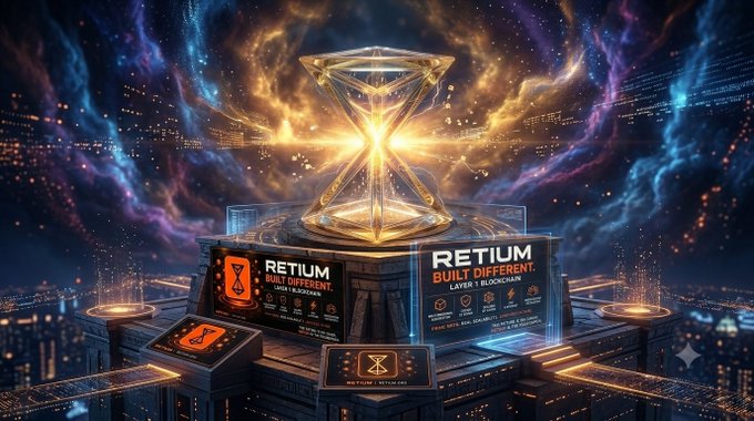 A futuristic digital artwork featuring a glowing golden hourglass structure with 'RETIUM BUILT DIFERENT' text on signs below it.