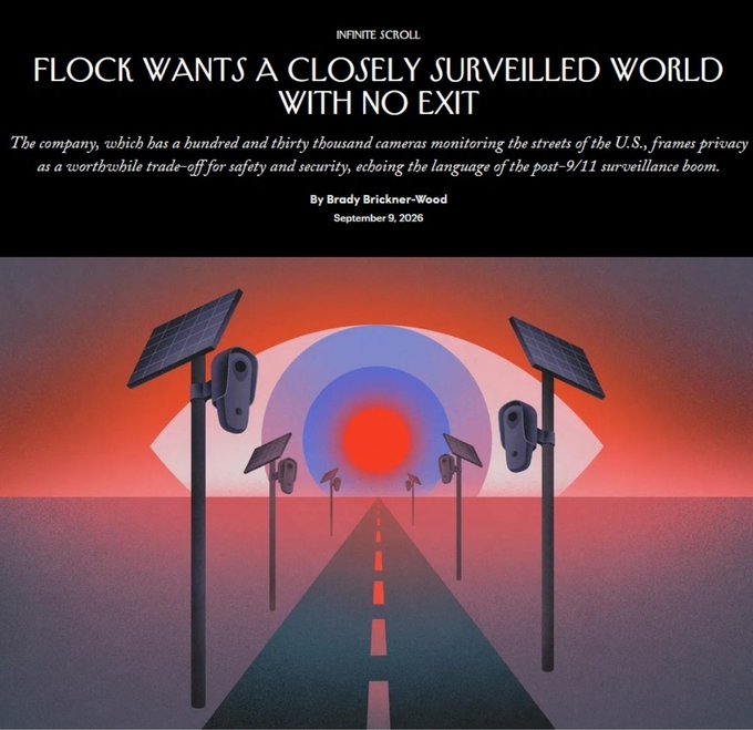 A dark, ominous illustration of surveillance cameras on solar-powered poles lining a road leading toward a giant red eye, beneath the headline 'FLOCK WANTS A CLOSELY SURVEILLED WORLD WITH NO EXIT' by Brady Brickner-Wood for Infinite Scroll, dated September 9, 2026.