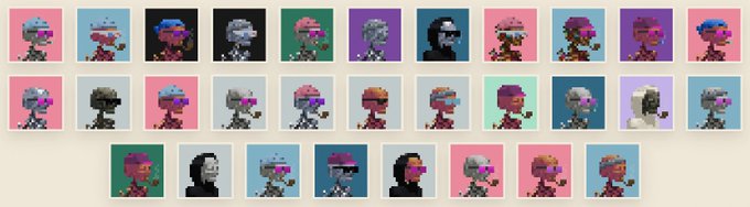 A grid of approximately 28 pixel-art CryptoPunk-style NFT character sprites arranged in three rows, each showing a small humanoid figure with varying attributes like hats, glasses, and skin tones against different colored backgrounds.