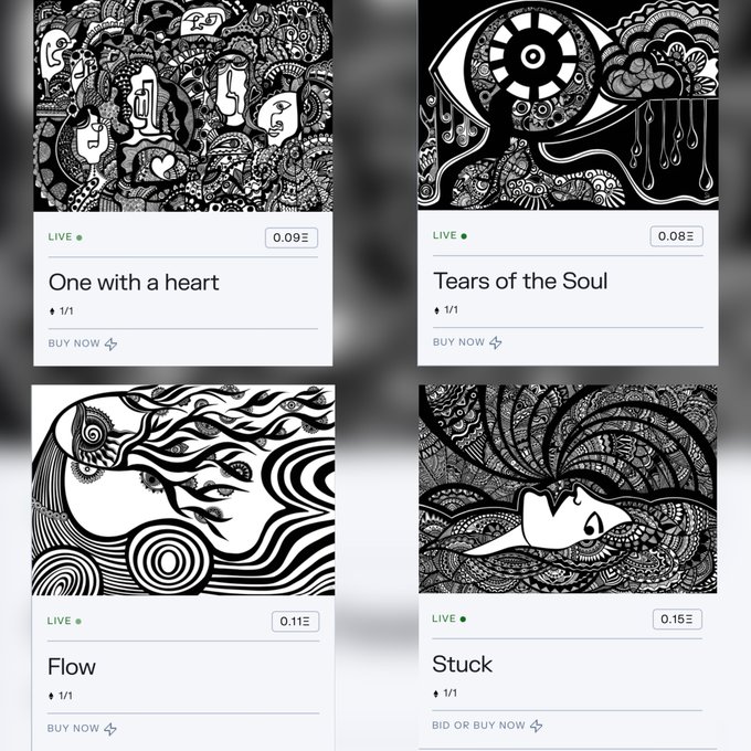 Four black and white artwork listings are displayed in a grid format with titles 'One with a heart' (0.09Ξ), 'Tears of the Soul' (0.08Ξ), 'Flow' (0.11Ξ), and 'Stuck' (0.15Ξ), each marked LIVE with BUY NOW options.