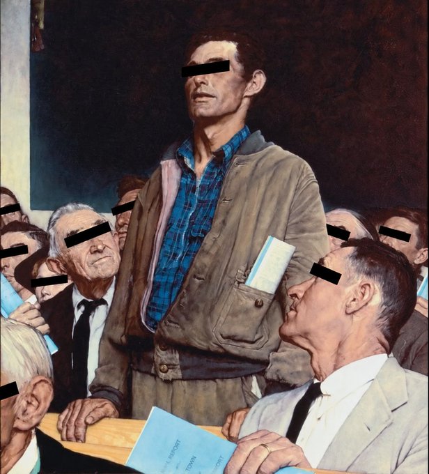 A modified version of Norman Rockwell's painting 'Freedom of Speech', where black censor bars have been digitally added over the eyes of the man standing and the surrounding seated audience members.