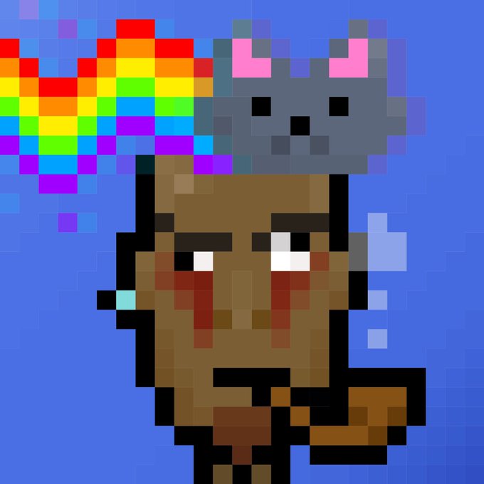 A pixel art NFT of a brown monkey character with a rainbow trail and a blue creature, appearing to be a Bored Ape Yacht Club-style artwork.