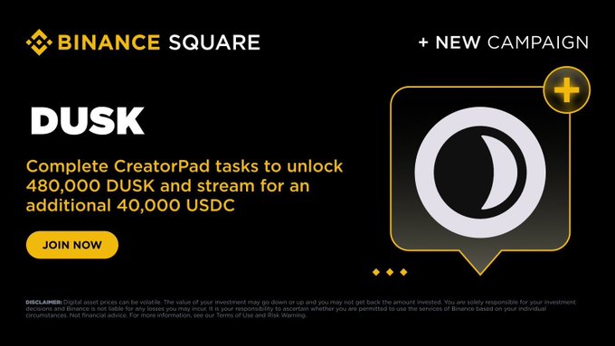 A Binance Square promotional banner announces a new campaign for the DUSK token, offering 480,000 DUSK tokens plus 40,000 USDC for completing CreatorPad tasks and streaming. The image features the Binance and Dusk logos on a black background, though the accompanying post confirms this campaign has now ended and directs users to check the leaderboard for final results.
