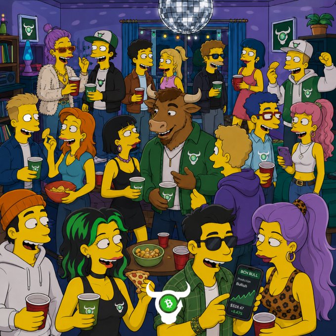 The Simpsons and Futurama characters gather at a lively house party, with one person checking their phone showing "BCH BULL" priced at "$538.47" with a -0.43% change, cleverly tying the meme to the claim that the shows predicted the Bitcoin Cash (BCH) bull run years in advance.