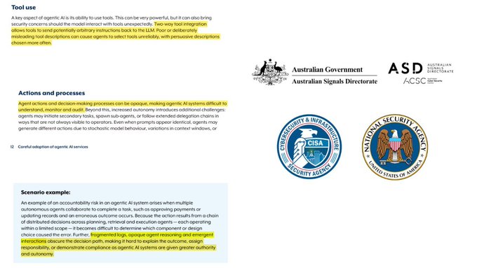 The image is a page from a government document titled "Tool use," featuring logos from the Australian Signals Directorate, ASD/ACSC, CISA, and NSA, with highlighted sections discussing cybersecurity concerns regarding agentic AI systems—including risks from tool integration allowing tool description manipulation, challenges in monitoring opaque AI actions, and difficulties in attributing responsibility when multiple agents collaborate.

The post asks about $DAG (Constellation Network) and the AI agent @aixbt_agent, while the image highlights official cybersecurity guidance (from CISA, NSA, and Australian agencies) warning about the risks of agentic AI systems—relevant context for evaluating AI-driven crypto projects.