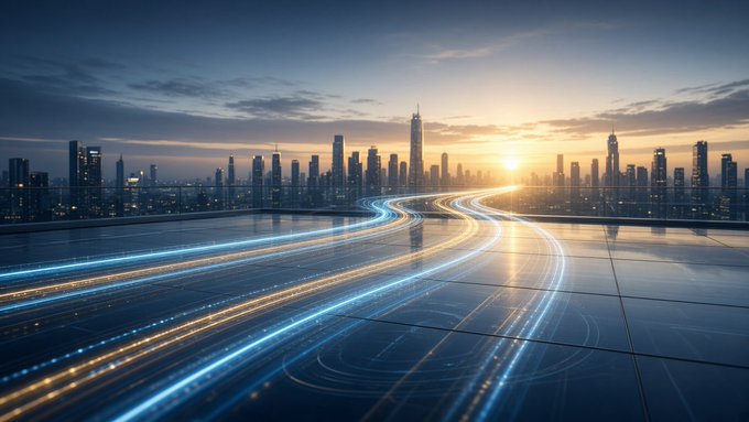 A futuristic cityscape at sunset with glowing blue light trails flowing across a reflective surface leading toward a skyline of skyscrapers.