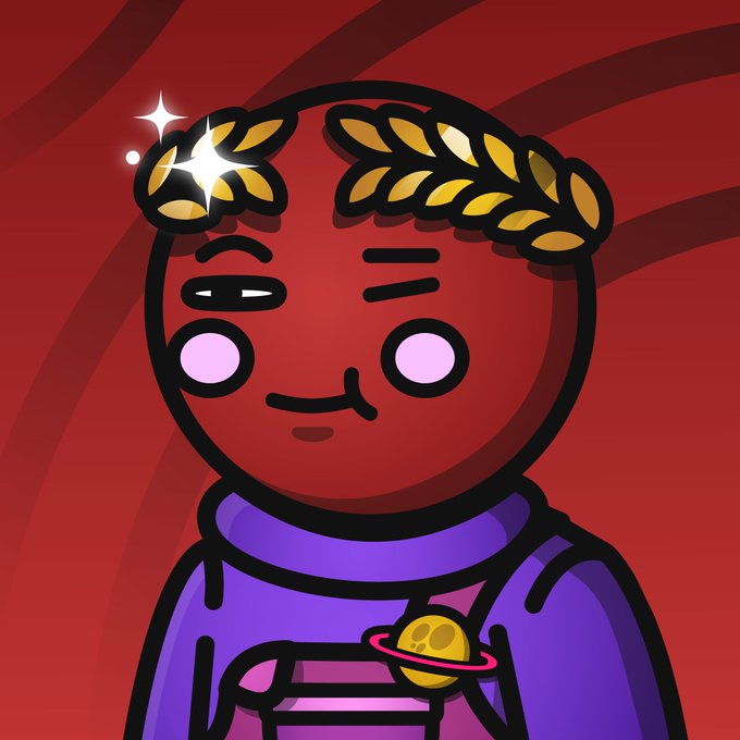 The image features a cartoon character wearing a purple shirt with gold stars on it. The character has a big smile and appears to be enjoying themselves, possibly posing for a photo or drawing attention. The background of the image is red, which contrasts nicely with the character's outfit. There are also some text elements in the image that read "Another WETH offer paid off beautifully. What an absolute grail of a @SpaceRidersXYZ I managed to snag." and "Focus on what is in the image and how it relates to the post."