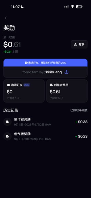 A mobile screenshot showing a rewards dashboard with accumulated total of $0.61, displaying creator rewards and referral bonuses in Chinese, with a shareable link 'fomo.family/r/kirihuang'.