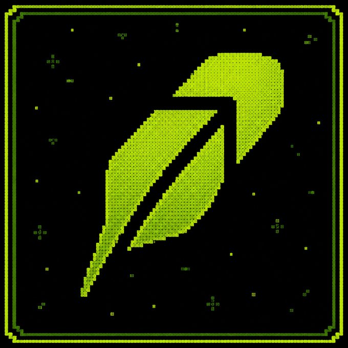 A pixelated, neon-green feather and shield logo on a black background with scattered pixel particles, framed by a green border.