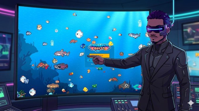 The image features a man standing next to an aquarium game display with fish swimming around him. The man appears to be pointing at something, possibly a button or a control panel within the game. The background of the image shows a large screen displaying various underwater scenes, including fish and coral reefs. The post also mentions that there is a free version available for testing purposes.