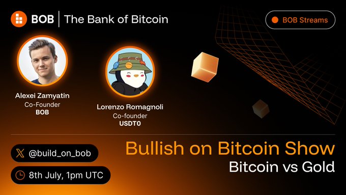A promotional graphic for "BOB | The Bank of Bitcoin" advertising the "Bullish on Bitcoin Show: Bitcoin vs Gold," featuring co-founders Alexel Zamyatin (BOB) and Lorenzo Romagnoli (USDT0), airing on X (@build_on_bob) on July 8th at 1pm UTC.