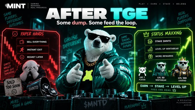 An advertisement for 'AFTER TGE' by Mint features a polar bear in sunglasses and a leather jacket gesturing with a middle finger, set against a gaming/crypto backdrop with stats showing 'STATUS MAXXING' and 'STAKE $MNTD'.